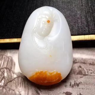 cf489-266 新疆和田玉原皮籽料观音,雕工精致,温润厚装,玉质如婴儿