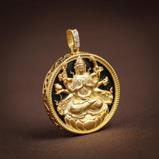 lx38416 和田玉墨玉豪华镶嵌千手观音吊坠